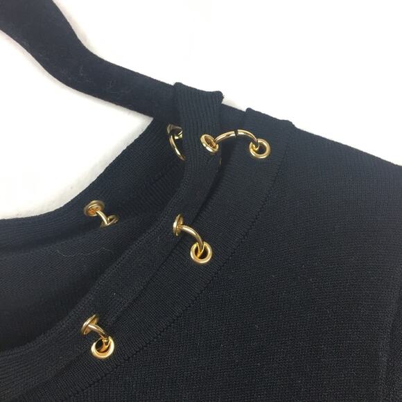 August Silk Knits Stretch Blouse Size Medium Black Ribbed Gold Grommet NWT $48 - Picture 7 of 11